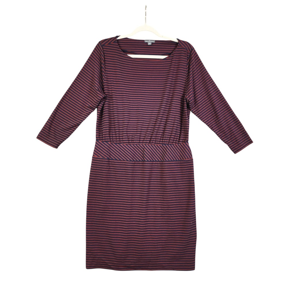 LL‎ Bean Signature Womens Striped Knit Sheath Dress Size 14 Navy Red 3/4 Sleeves